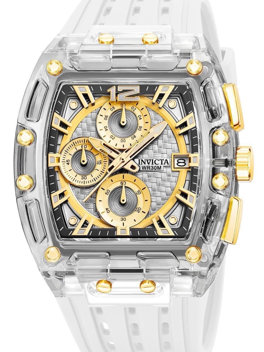 Invicta Gold and Silver Chronograph with Clear Case and White Strap